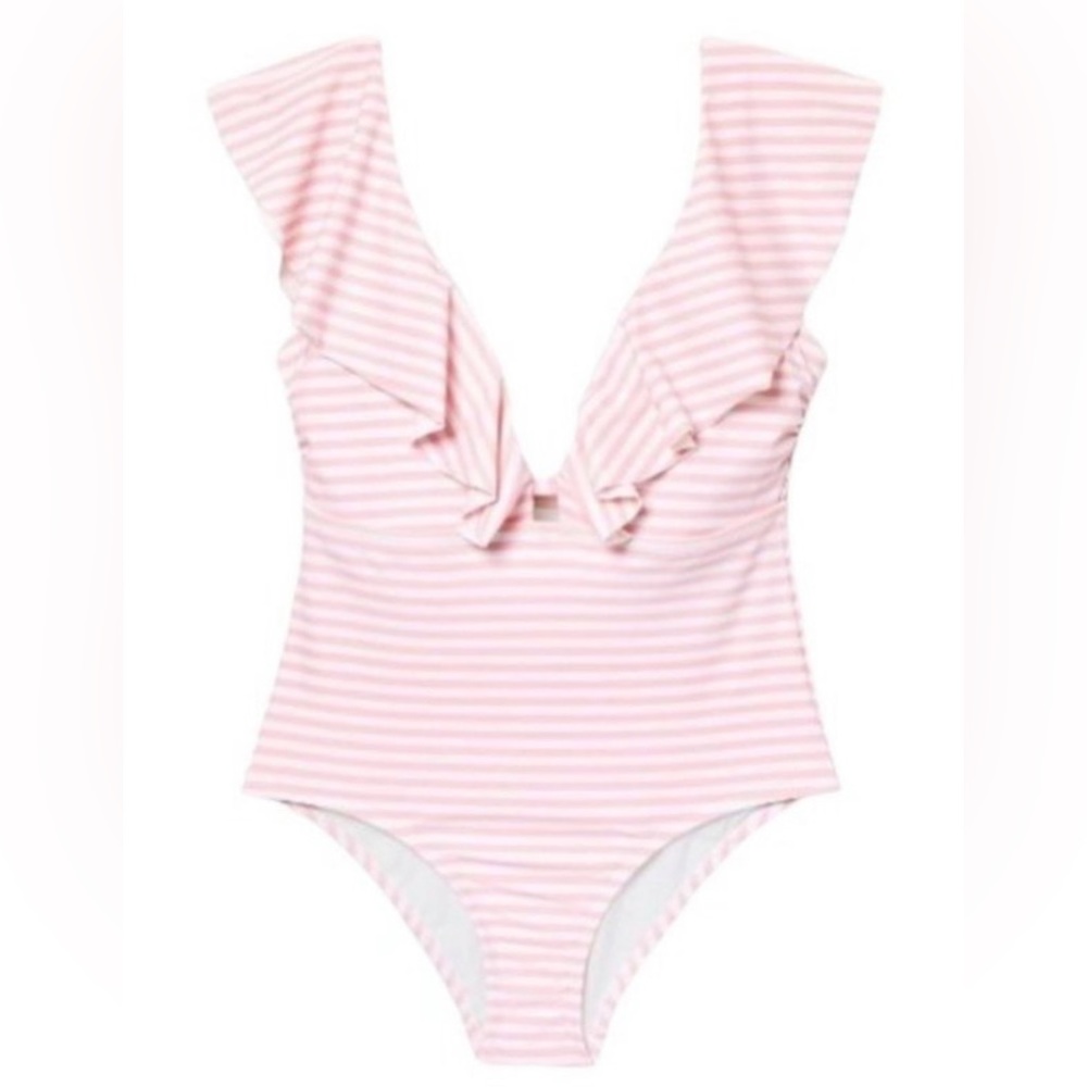 Kona Sol Pink and White Striped Ruffle One-Piece Swimsuit NWT